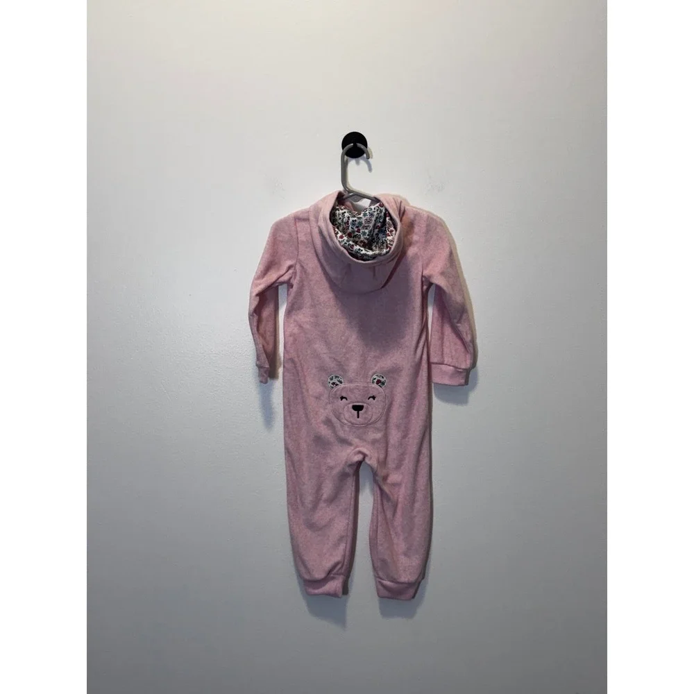 Carters Pink Fleece Hooded Jumpsuit Bear Seat Floral Lining 24M Baby Girl